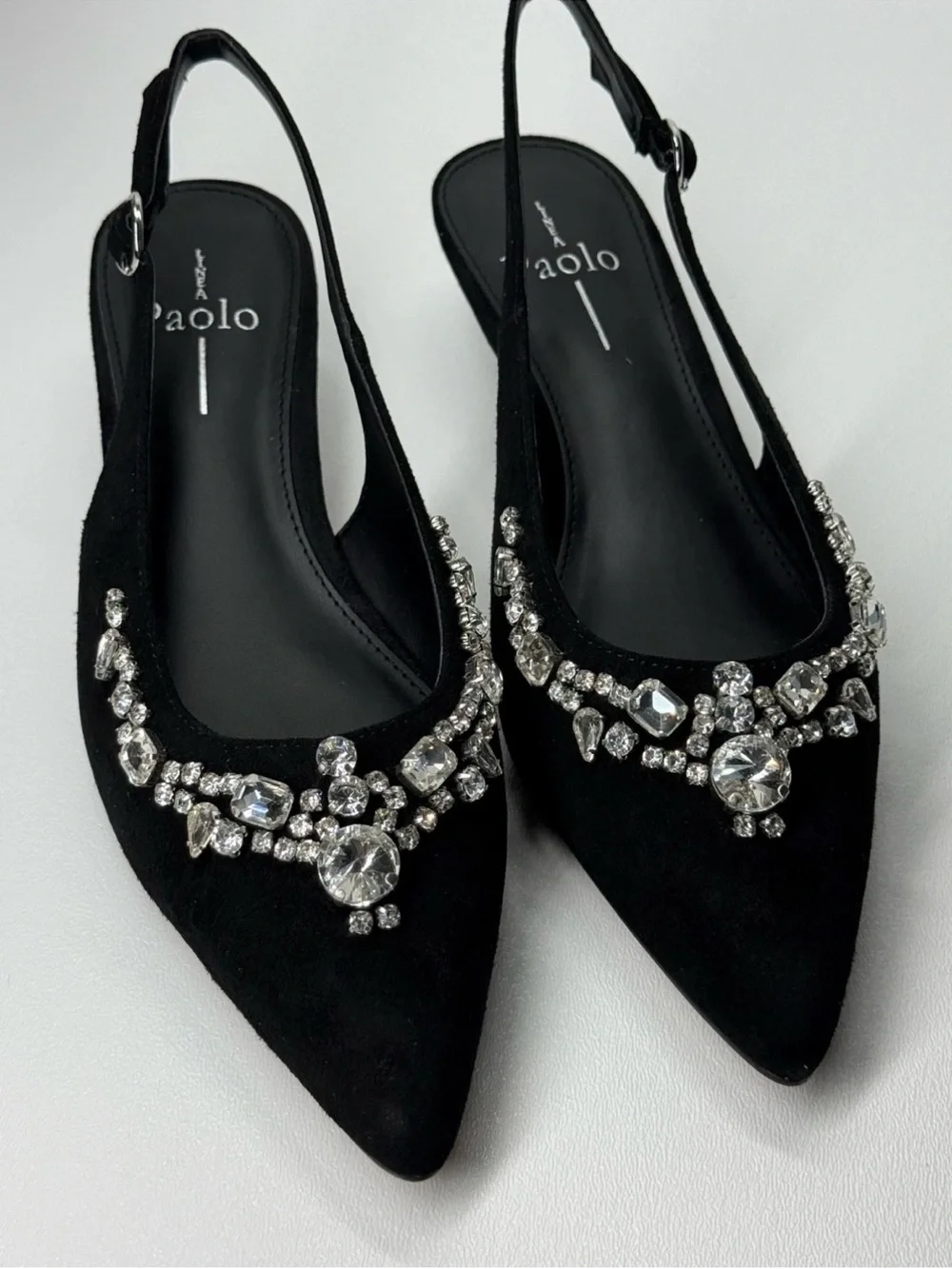 Linea Paolo CRYSTAL Black Suede Embellished Pointed Slingback Kitten Heel NIB